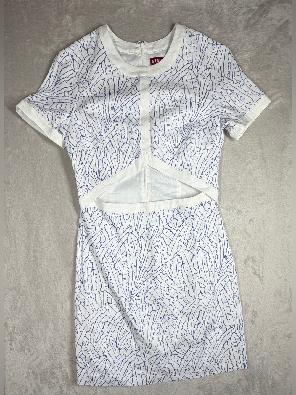Staud Perla Blue White Palm Linen Cut Out Preppy Short Sleeve Cocktail Dress 10 - Picture 3 of 16